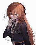  1girl bangs black_bow black_jacket black_neckwear blush bow brown_hair collared_shirt dated eyebrows_visible_through_hair girls_frontline gloves green_eyes grey_background hair_between_eyes hair_bow hand_up jacket long_hair long_sleeves looking_at_viewer m1903_springfield_(girls_frontline) mimelond parted_lips shirt signature simple_background solo translation_request upper_body very_long_hair white_gloves white_shirt 
