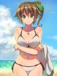  1girl beach bikini black_ribbon blue_sky bow breasts brown_hair chiharu_(9654784) cleavage clouds collarbone cowboy_shot crossed_arms day eyebrows_visible_through_hair green_bow green_eyes groin hair_between_eyes hair_bow highres large_breasts long_hair looking_at_viewer navel ocean original outdoors ribbon shiny shiny_hair side-tie_bikini side_ponytail sky smile solo standing swimsuit white_bikini 