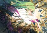  1other absurdres androgynous bangs black_ribbon blue_flower chains commentary english_commentary enkidu_(fate/strange_fake) expressionless eyebrows_visible_through_hair fate/grand_order fate_(series) floating_hair floral_background flower grass green_eyes green_hair hair_between_eyes hand_on_own_arm hands_up heterochromia highres huge_filesize long_hair long_sleeves looking_at_viewer looking_to_the_side outstretched_arm ribbon seomouse sidelocks solo starry_sky_print toga very_long_hair violet_eyes white_flower white_robe wide_sleeves yellow_flower 