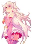  1girl ascot ass bangs bare_shoulders blush boots breasts cape closed_mouth dress earrings elbow_gloves fate/kaleid_liner_prisma_illya fate_(series) feathers gloves hair_between_eyes hair_feathers illyasviel_von_einzbern jewelry leg_garter long_hair looking_at_viewer magical_girl mckeee pink_dress pink_gloves pink_legwear prisma_illya red_eyes simple_background skirt small_breasts solo thigh-highs thigh_boots thighs two_side_up white_background white_gloves white_hair white_skirt yellow_neckwear 