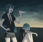  2others absurdres androgynous aqua_eyes aqua_hair blue_eyes blue_hair clouds cloudy_sky colored_eyelashes crystal_hair gem_uniform_(houseki_no_kuni) hair_over_one_eye hand_on_hip highres hime_cut houseki_no_kuni iciriini knees_up lapis_lazuli_(houseki_no_kuni) long_hair looking_at_another multiple_others necktie open_mouth paper_airplane phosphophyllite short_hair sitting sky 