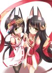  2girls animal_ears azur_lane bare_shoulders black_hair black_legwear brown_eyes choker commentary_request detached_sleeves dress fox_ears hair_ornament hakama hand_holding highres japanese_clothes kazekawa_nagi long_hair miko miniskirt multiple_girls mutsu_(azur_lane) nagato_(azur_lane) no_tail open_mouth red_dress red_skirt shirt short_dress short_hair skirt smile thigh-highs very_long_hair white_shirt 