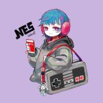  1girl bag blue_hair controller cropped_torso earmuffs game_console game_controller gamepad grey_hoodie hakuro96 hood hood_down looking_at_viewer multicolored multicolored_eyes nes original phone pink_eyes purple_background short_hair shoulder_bag signature simple_background smile solo upper_body violet_eyes 