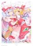  2girls 6u_(eternal_land) ;d absurdres ascot bangs bat_wings blonde_hair blue_flower blue_hair blush bow cowboy_shot crystal dress eyebrows_visible_through_hair fang flandre_scarlet flower frilled_shirt_collar frills glomp gloves hair_between_eyes hat hat_ribbon highres hug looking_at_viewer mob_cap multiple_girls one_eye_closed open_mouth page_number petals petticoat pink_dress pink_eyes pink_flower pink_gloves pink_hat puffy_short_sleeves puffy_sleeves purple_flower red_bow red_neckwear red_ribbon red_sash red_skirt red_vest remilia_scarlet ribbon sash scan shirt short_hair short_sleeves siblings sisters skirt skirt_set smile stuffed_animal stuffed_toy teddy_bear thighs touhou vest water_drop white_background white_hat white_shirt wings yellow_flower yellow_neckwear 