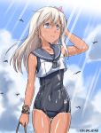  1girl black_swimsuit blonde_hair blue_sky clouds cocoa_(cocoa0191) covered_navel cowboy_shot crop_top flower grey_eyes hair_flower hair_ornament kantai_collection light_rays long_hair looking_up one-piece_tan outdoors ro-500_(kantai_collection) school_swimsuit school_uniform serafuku sky smile solo sunbeam sunlight swimsuit swimsuit_under_clothes tan tanline thigh-highs twitter_username wet wet_clothes wet_swimsuit 
