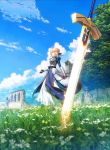  1girl ahoge armor armored_dress artoria_pendragon_(all) blonde_hair blue_sky breasts clouds dress excalibur eyebrows_visible_through_hair fate/stay_night fate_(series) floating_hair flower gauntlets grass green_eyes hair_ribbon hand_up highres outdoors ribbon ruins saber saber_(weapon) sky solo sword takeuchi_takashi tree weapon wind 