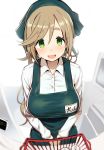  1girl :d absurdres apron bangs blurry blurry_background blush brown_hair collared_shirt commentary_request depth_of_field dress_shirt employee_uniform eyebrows_visible_through_hair fang fisheye greatmosu green_apron green_eyes hair_between_eyes head_scarf highres inuyama_aoi long_hair long_sleeves looking_at_viewer open_mouth shirt shopping_basket short_eyebrows smile solo thick_eyebrows uniform very_long_hair white_background white_shirt yurucamp 