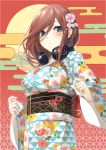  1girl bangs blue_eyes blush breasts brown_hair closed_mouth flower go-toubun_no_hanayome hair_between_eyes hair_flower hair_ornament hands_up headphones headphones_around_neck highres japanese_clothes kimono large_breasts long_hair looking_at_viewer multicolored multicolored_clothes multicolored_kimono nakano_miku obi sash solo tareme tittu wide_sleeves 