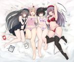  4girls absurdres arm_up babydoll bandage bandaged_arm bandages bangs bare_legs bare_shoulders barefoot bed_sheet black_babydoll black_hair black_legwear black_panties blunt_bangs blush bottle bow bow_bra bow_panties bra breasts brown_hair chains cleavage clipboard collarbone commentary_request crossover eyebrows_visible_through_hair frilled_panties frills garter_belt gluteal_fold groin hair_bobbles hair_ornament hand_up hands_up hat hell&#039;s_channel highres knee_up long_hair lying medium_breasts minai_karte multiple_crossover multiple_girls nail_polish natori_sana navel no_shoes on_back on_side open_mouth panties parted_lips pill pink_nails pink_panties red_bra red_eyes red_hat red_panties rokudou_mei sana_channel small_breasts stethoscope surgical_mask syringe takajin-chan takajin-channel temari_rin thigh-highs toenail_polish toenails twintails underwear underwear_only very_long_hair virtual_clinic virtual_youtuber white_bra white_panties 