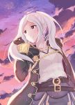  1girl belt brown_eyes clouds female_my_unit_(fire_emblem:_kakusei) fire_emblem fire_emblem:_kakusei gloves grimmelsdathird highres long_hair long_sleeves looking_to_the_side my_unit_(fire_emblem:_kakusei) nintendo outdoors parted_lips sky solo twintails white_hair 
