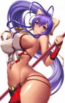  1girl antenna_hair bangs bare_shoulders blazblue blazblue_remix_heart blue_hair blush bow breasts curvy fingerless_gloves floating_hair gloves groin hair_between_eyes hair_bow hand_up highres holding holding_weapon large_breasts long_hair looking_at_viewer mai_natsume open_mouth ponytail ribbon shiny shiny_skin sideboob sidelocks skindentation solo takanashi-a very_long_hair violet_eyes weapon yellow_bow 