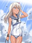  1girl blonde_hair blue_sky clouds cocoa_(cocoa0191) covered_navel cowboy_shot crop_top flower grey_eyes hair_flower hair_ornament kantai_collection light_rays long_hair looking_up one-piece_tan outdoors ro-500_(kantai_collection) school_swimsuit school_uniform serafuku sky smile solo sunbeam sunlight swimsuit swimsuit_under_clothes tan tanline thigh-highs twitter_username wet wet_clothes wet_swimsuit white_school_swimsuit white_swimsuit 
