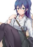  1girl a_meno0 alternate_hairstyle blue_eyes blue_hair blush fire_emblem fire_emblem:_kakusei long_hair looking_at_viewer lucina nintendo pantyhose ponytail school_uniform shirt skirt smile solo white_background 