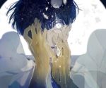  1other androgynous bangs blue_hair blunt_bangs colored_eyelashes crack crying crying_with_eyes_open eyeball glowing glowing_eye golden_arms hands_on_own_face houseki_no_kuni melting mgmg_1012 phosphophyllite phosphophyllite_(ll) shards short_hair solo spoilers tears upper_body white_eyes 