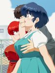  2girls arms_up bangs blue_hair breast_grab breasts building dress fence fuurinkan_high_school_uniform grabbing highres large_breasts mage_(harumagedon) multiple_girls open_mouth outdoors ranma-chan ranma_1/2 redhead school_uniform short_hair short_sleeves sky tendou_akane 