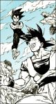 3boys :d black_hair blue blue_sky boots cape crossed_arms day dougi dragon_ball dragonball_z facing_away flying frown full_body happy looking_down looking_up lowres male_focus monochrome multiple_boys nitako open_mouth outdoors piccolo rock short_hair sky smile son_gokuu spiky_hair spot_color standing upper_body vegeta wristband 