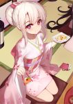  1girl blush breasts chopsticks eyebrows_visible_through_hair fate/kaleid_liner_prisma_illya fate_(series) floral_print highres holding holding_chopsticks illyasviel_von_einzbern japanese_clothes kimono langya_beike looking_at_viewer obi red_eyes sash sitting small_breasts smile solo wariza white_hair yukata 