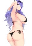  1girl absurdres alternate_costume armpits arms_up ass bangs bikini blush breasts camilla_(fire_emblem_if) commentary_request erimiko eyebrows_visible_through_hair fire_emblem fire_emblem_if hair_between_eyes hair_ornament hair_over_one_eye highres large_breasts long_hair looking_at_viewer nintendo plump purple_hair side-tie_bikini sideboob simple_background smile solo standing sweat swimsuit thighs violet_eyes wavy_hair white_background 