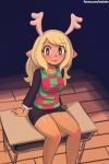  1girl animal_ears antlers bare_legs black_skirt blonde_hair blush breasts brown_eyes buck_teeth christmas_sweater classroom collarbone deltarune desk eyebrows_visible_through_hair eyelashes freckles furry indoors long_hair long_sleeves looking_at_viewer lumineko microskirt noelle_holiday on_desk panties pantyshot pantyshot_(sitting) reindeer reindeer_antlers reindeer_ears reindeer_girl sitting sitting_on_desk skirt smile solo sweater thighs underwear wooden_floor 