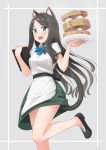  1girl absurdres animal_ears apron arm_up bamboo_steamer baozi black_hair blue_eyes carrying cat_ears cat_tail food green_skirt highres long_hair nekoze_(s22834712) open_mouth original plate shirt shoes skirt smile solo standing standing_on_one_leg tail waist_apron waitress white_shirt 