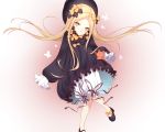  1girl abigail_williams_(fate/grand_order) bangs black_bow black_dress black_footwear black_hat blonde_hair bloomers blue_eyes bow bug butterfly commentary_request dress eyebrows_visible_through_hair fate/grand_order fate_(series) floating_hair forehead ghostkun hair_bow hat head_tilt highres insect long_hair long_sleeves looking_at_viewer orange_bow parted_bangs polka_dot polka_dot_bow shoes sleeves_past_fingers sleeves_past_wrists solo stuffed_animal stuffed_toy teddy_bear underwear very_long_hair white_bloomers 