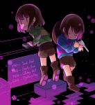  2others androgynous black_background blue_sweater blush_stickers bob_cut boots brown_hair brown_legwear brown_shorts chara_(undertale) closed_eyes counter cowboy_hat frisk_(undertale) green_sweater gun hat hat_removed headwear_removed holding holding_gun holding_money holding_weapon leaning_forward leaning_over money multiple_others shop short_hair shorts smile striped striped_sweater supunyange sweater undertale weapon |_| 