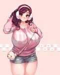  1girl artist_name bear beryl_(junkpuyo) blush breasts brown_eyes brown_hair collarbone commentary earmuffs highres hips huge_breasts junkpuyo light_smile looking_at_viewer original pink_background shorts simple_background smile solo sweater thick_thighs thighs 