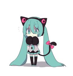  1girl :o absurdly_long_hair aqua_eyes aqua_hair aqua_neckwear bangs black_footwear black_skirt boots bow cat_ear_headphones cat_tail chibi flying_sweatdrops full_body gloves grey_shirt hair_between_eyes hatsune_miku hazakura_chikori headphones long_hair miniskirt necktie paw_gloves paws pink_bow shirt skirt solo standing tail tail_bow thigh-highs thigh_boots tie_clip very_long_hair vocaloid white_background 