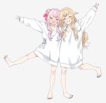  2girls arm_over_shoulder arm_up barefoot blonde_hair character_request closed_eyes commentary copyright_request gengorou grin hair_bun hair_flaps hug long_hair multiple_girls no_pants open_mouth pink_hair shirt side_bun smile soles standing standing_on_one_leg toes v virtual_youtuber white_shirt 