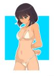  1girl akagi_(fmttps) bikini blue_background border breasts brown_hair cleavage girls_und_panzer gluteal_fold green_eyes hair_between_eyes highres hoshino_(girls_und_panzer) micro_bikini navel outside_border short_hair small_breasts solo swimsuit swimsuit_tan tan tanline white_bikini white_border 