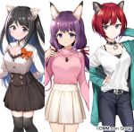  3girls animal_ear_fluff animal_ears aqua_jacket bangs belt belt_buckle black_camisole black_choker black_eyes black_hair black_legwear black_pants black_skirt blue_eyes blush bow breasts buckle buttons camisole cat_ears choker cleavage closed_mouth collarbone commentary_request copyright_request cowboy_shot frilled_shirt frills hair_ribbon hand_behind_head hand_on_hip hand_up jacket jewelry long_hair long_sleeves looking_at_viewer low_twintails medium_breasts miniskirt multiple_girls necklace nishizawa off_shoulder official_art orange_bow pants pink_sweater pleated_skirt purple_hair red_ribbon redhead ribbon shirt shirt_tucked_in short_hair sidelocks skirt sleeves_past_wrists smile standing sweater thigh-highs twintails two_side_up undershirt violet_eyes watermark white_background white_shirt white_skirt zettai_ryouiki 