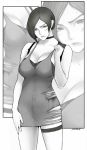  1girl absurdres ada_wong breasts cleavage dress greyscale highres large_breasts monochrome resident_evil resident_evil_2 short_dress short_hair sleeveless sleeveless_dress solo 
