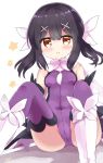  1girl ass bangs bare_shoulders black_hair blush boots breasts brown_eyes covered_navel elbow_gloves fate/kaleid_liner_prisma_illya fate_(series) feet_out_of_frame gloves hair_ornament hair_ribbon highres himarisu_(hida_mari) knee_boots knees_up leotard long_hair looking_at_viewer magical_girl miyu_edelfelt parted_lips purple_gloves purple_legwear purple_leotard ribbon sidelocks signature sitting small_breasts solo star sweat thigh-highs twintails white_background white_footwear white_ribbon x_hair_ornament 