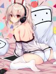  1girl absurdres ass ayanami_(azur_lane) azur_lane bandaid bandaid_on_arm bandaid_on_face bare_back bare_shoulders bed commentary_request earphones earphones from_behind headphones headpiece highres looking_at_viewer niconico nintendo_switch on_bed panties platinum_blonde_hair ponytail red_eyes shirt_slip shoulder_blades sitting solo sutorea tablet_pc thigh-highs underwear wariza white_legwear white_panties 