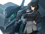  1girl bangs black_hair black_shirt blue_neckwear breasts closed_mouth collared_shirt commentary commission dress_shirt english_commentary grey_skirt high_ponytail highres holding holding_jacket jacket jacket_over_shoulder large_breasts looking_at_viewer mecha muvluv naoko_(9113419) orange_eyes original pantyhose pencil_skirt ponytail robot shirt skirt 