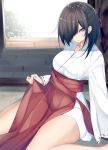  1girl black_hair blurry blurry_background breasts closed_mouth collarbone commentary_request day depth_of_field feet_out_of_frame hair_over_one_eye hair_ribbon hakama japanese_clothes kavka kimono large_breasts long_hair long_sleeves looking_at_viewer miko original red_hakama red_ribbon ribbon ribbon-trimmed_sleeves ribbon_trim short_kimono sitting solo sunlight tongue tongue_out violet_eyes wariza white_kimono 