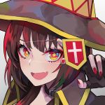  1girl blush brown_hair collar cowl eyepatch eyepatch_pull fang fingerless_gloves fingernails gloves gradient_eyes hat highres kono_subarashii_sekai_ni_shukufuku_wo! long_hair megumin multicolored multicolored_eyes nail_polish ram_(ramlabo) smile star star-shaped_pupils symbol-shaped_pupils witch_hat 