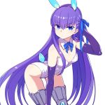  &gt;:( animal_ears bangs bent_over blue_eyes boots bunny_girl bunny_tail bunnysuit chan_co elbow_gloves fate/grand_order fate_(series) gloves hair_ribbon looking_at_viewer meltlilith purple_gloves rabbit_ears ribbon tail thigh-highs thigh_boots thighs violet_eyes white_background 
