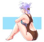  1girl ass bare_shoulders barefoot black_swimsuit breasts commentary_request competition_swimsuit folded_ponytail from_behind full_body green_eyes hokkyoku lavender_hair leg_hug long_hair medium_breasts one-piece_swimsuit original sitting solo swimsuit two-tone_background white_background 