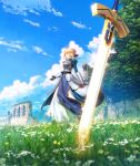  1girl ahoge armor armored_dress artoria_pendragon_(all) blonde_hair blue_sky breasts clouds dress excalibur eyebrows_visible_through_hair fate/stay_night fate_(series) floating_hair flower gauntlets grass green_eyes hair_ribbon hand_up highres official_art outdoors ribbon ruins saber saber_(weapon) sky solo sword takeuchi_takashi tree weapon wind 