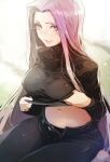  1girl black_sweater breasts collarbone denim fate/hollow_ataraxia fate/stay_night fate_(series) glasses highres jeans large_breasts long_hair looking_at_viewer navel open_fly pants parted_lips purple_hair rider shirt_lift sitting solo sweater taishi_(picchiridou) turtleneck undressing very_long_hair wariza yellow_eyes 