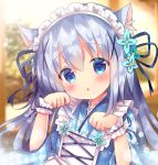  1girl animal_ear_fluff animal_ears bangs blue_eyes blue_flower blue_hair blue_kimono blue_ribbon blurry blurry_background blush cat_ears checkered checkered_kimono chestnut_mouth commentary depth_of_field eyebrows_visible_through_hair flower gochuumon_wa_usagi_desu_ka? hair_between_eyes hair_flower hair_ornament hair_ribbon hands_up head_tilt japanese_clothes kafuu_chino kemonomimi_mode kimono long_hair long_sleeves maid_headdress parted_lips ribbon rikatan sidelocks solo upper_body wa_maid wide_sleeves wrist_cuffs 