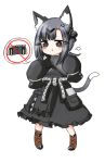  1girl :t anger_vein animal_ear_fluff animal_ears bailingxiao_jiu bangs black_dress black_eyes black_hair blush brown_footwear cat_ears cat_girl cat_tail chibi closed_mouth commentary_request dress eyebrows_visible_through_hair full_body girls_frontline hair_ornament long_sleeves nyto_obelisk_(girls_frontline) pout sidelocks simple_background sleeves_past_fingers sleeves_past_wrists solo spoken_object standing tail v-shaped_eyebrows white_background 