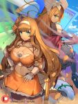  2girls armor bangs bare_shoulders blonde_hair blue_eyes blue_sky bow breasts cape choker cleavage closed_mouth clouds crop_top dragalia_lost expressionless eyebrows_visible_through_hair fingerless_gloves flag flower gauntlets gloves grey_gloves hair_flower hair_ornament hairband hand_on_hip head_wings hentaki highres holding holding_flag jeanne_d&#039;arc_(dragalia_lost) julietta_(dragalia_lost) large_breasts light_particles long_hair looking_at_viewer midriff miniskirt multiple_girls navel orange_bow orange_choker orange_skirt patreon_username pointy_ears red_cape shoulder_armor sidelocks skirt sky smoke sparkle standing stomach white_flower 