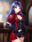  1girl black_gloves blurry blurry_background breasts closed_mouth elbow_gloves eyebrows_visible_through_hair fantasy gigamessy gloves green_eyes long_hair looking_at_viewer purple_hair solo tavern 
