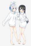 2girls animal_ears barefoot black_hair blue_eyes blush cat_ears character_request commentary copyright_request fake_animal_ears gengorou hair_ornament hairband hairclip long_hair multiple_girls no_pants open_mouth short_hair silver_hair sleeves_past_wrists smile sweater turtleneck turtleneck_sweater virtual_youtuber white_sweater 