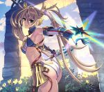  1girl armpits ass back bangs bare_shoulders blonde_hair blue_eyes blue_sky blush bradamante_(fate/grand_order) braid breasts butt_crack clouds commentary_request day elbow_gloves eyebrows_visible_through_hair fate/grand_order fate_(series) fingerless_gloves french_braid gloves hair_between_eyes hair_ornament highres kazto_furuya leaf leotard long_hair looking_at_viewer looking_back medium_breasts open_mouth outdoors polearm sky smile solo spear standing tree twintails very_long_hair weapon 