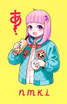  1girl aqua_jacket bangs blunt_bangs bubble_tea cropped_torso cup drink drinking_straw fang hakuro96 highres holding jacket long_sleeves medium_hair multicolored multicolored_eyes original panda pink_eyes pink_hair saliva simple_background solo translation_request upper_body violet_eyes yellow_background 