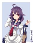  1girl ahoge apron bag blue_background blue_sailor_collar border cowboy_shot frilled_apron frills hair_flaps kantai_collection kinubari_nerune long_hair looking_at_viewer low_twintails neckerchief purple_hair red_eyes red_neckwear sailor_collar school_uniform serafuku solo taigei_(kantai_collection) twintails twitter_username two-tone_background whale white_apron white_border 