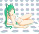  1girl animal_ears bell bra breasts cat_cutout cat_ears cat_lingerie chromatic_aberration cinderella_bust cleavage cleavage_cutout collar eyebrows_visible_through_hair frilled_bra frills green_eyes green_hair hair_ribbon highres jingle_bell long_hair medium_breasts meme_attire navel original panties parted_lips ribbon saruno_(eyesonly712) side-tie_panties smile solo twintails underwear underwear_only very_long_hair white_bra white_panties white_ribbon 